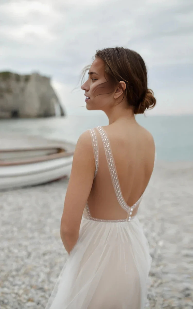 Wholesa A-Line Tulle Deep V-Neck Open Back Double Layers Elegant Floor Length Long Dress With Sequin