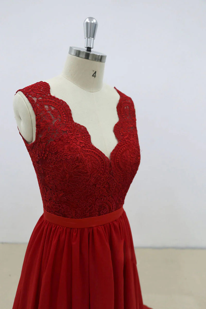Wholesa V Neck Lace Chiffon Long Prom Dress