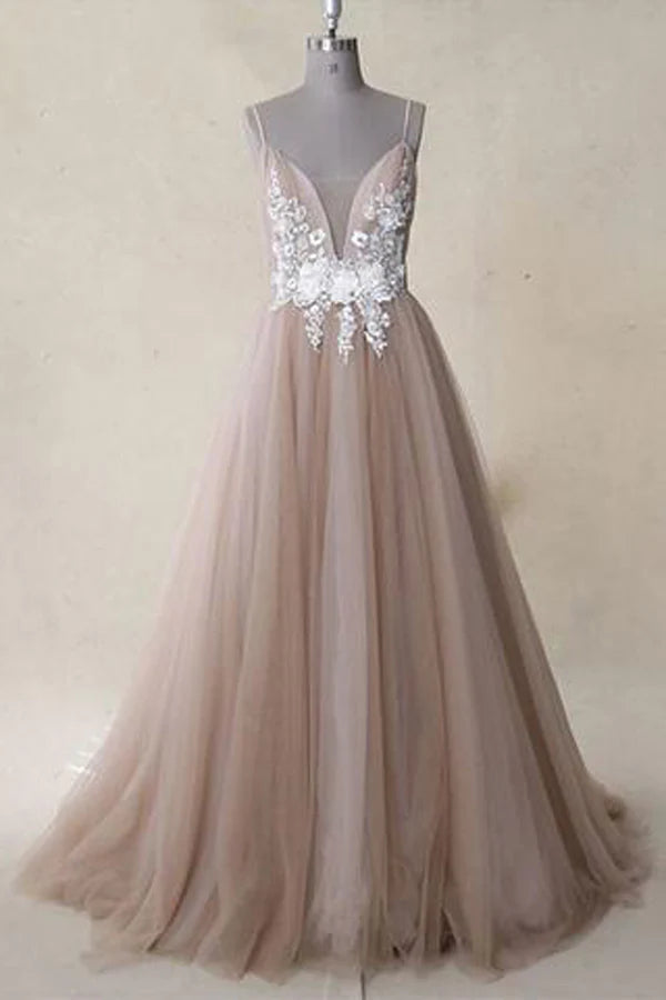 Wholesa Spaghetti Straps Appliqued Bodice Tulle A Line Long Prom Dress