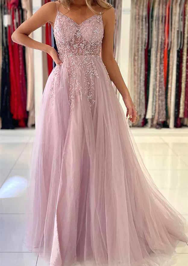 Wholesa A-Line V-Neck Spaghetti Straps Long Prom Dresses