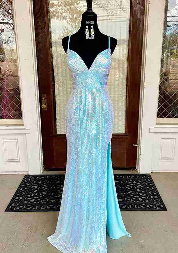 Wholesa Sheath V-Neck Spaghetti Straps Sweep Floor-Length Long Prom Dresses