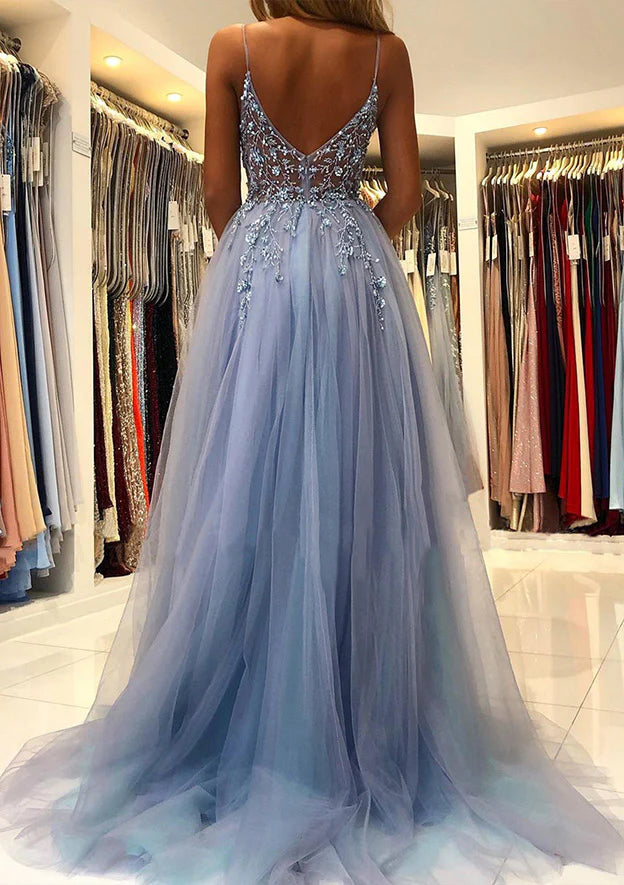 Wholesa A-Line V-Neck Spaghetti Straps Long Prom Dresses
