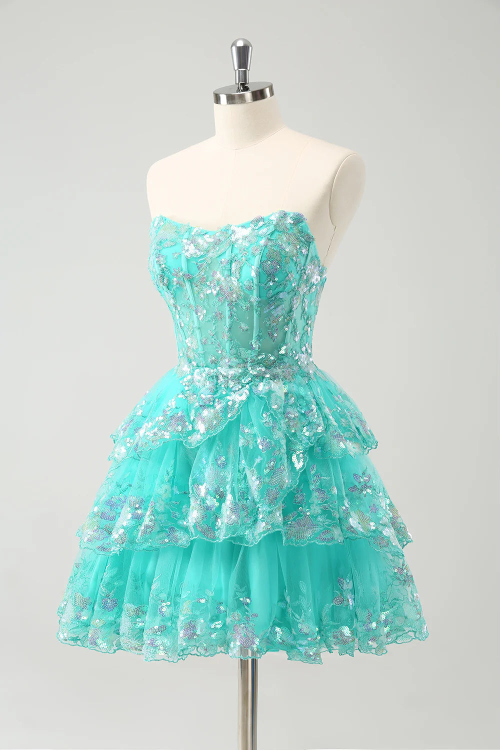 Wholesa A-Line Sequined Tiered Strapless Short Prom Dress Homecoming Dresses