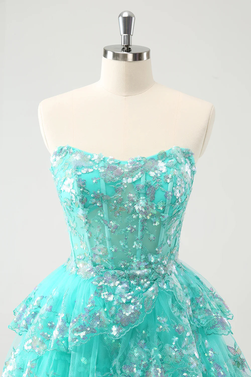 Wholesa A-Line Sequined Tiered Strapless Short Prom Dress Homecoming Dresses