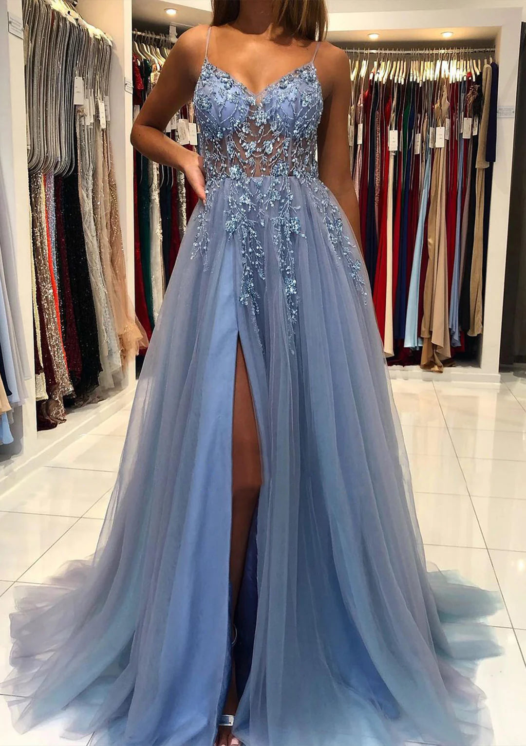 Wholesa A-Line V-Neck Spaghetti Straps Long Prom Dresses