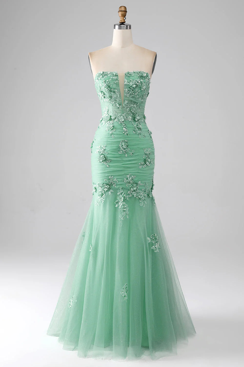 Wholesa Mermaid Strapless Tulle Long Prom Dress with Appliques