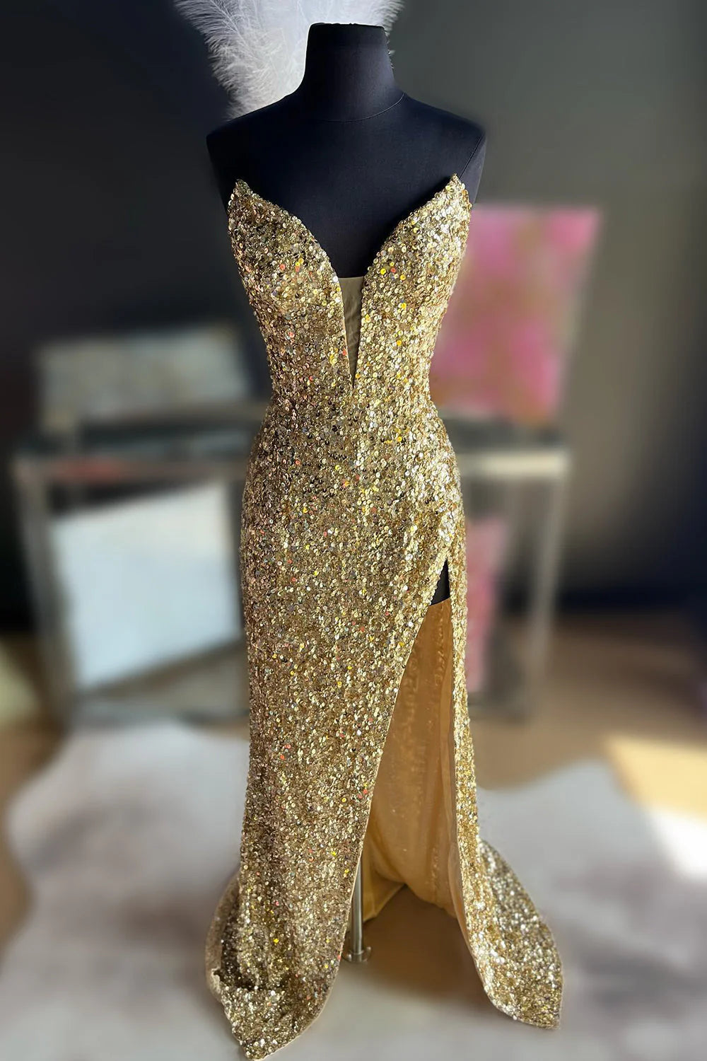 Wholesa Strapless Sequin Prom Dress with Slit