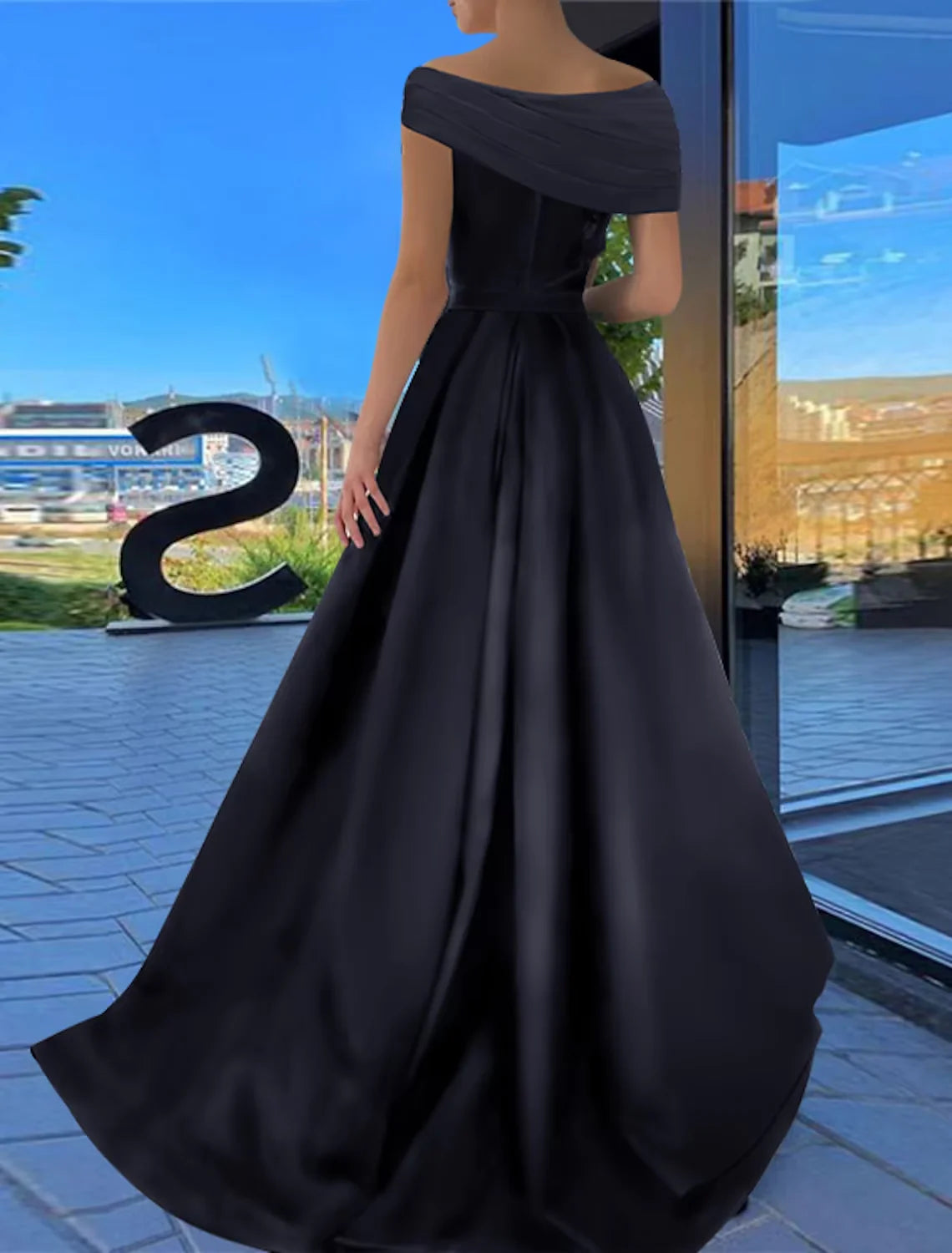 Wholesa A-Line Prom Dresses Little Black Dress Dress Formal Floor Length Short Sleeve Off Shoulder Satin with Ruched Slit