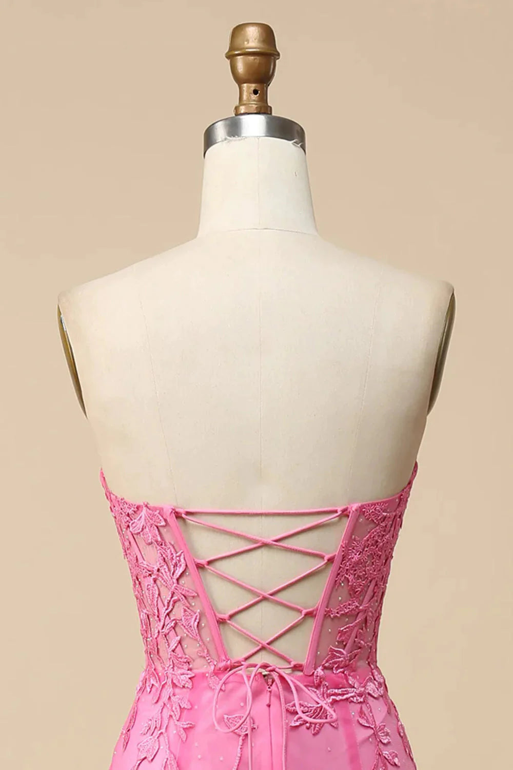 Wholesa Pink Corset Sweetheart Long Lace Mermaid Prom Dress with Slit