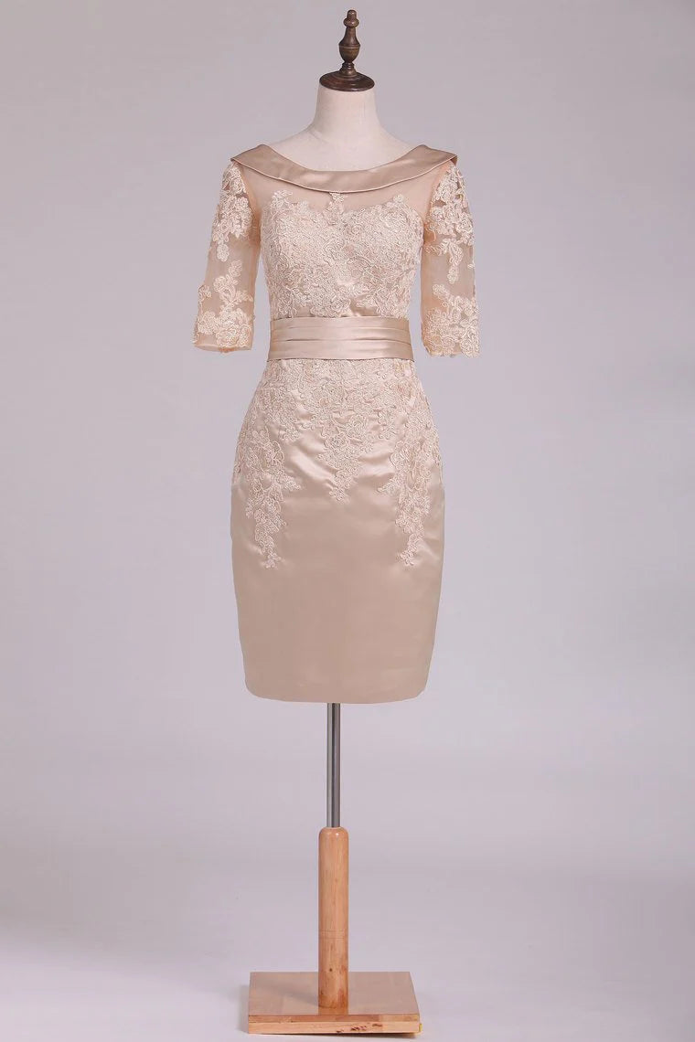 Wholesa Sheath Cowl Neck Half Sleeve Satin Applique Mother Of The Bride Dresses