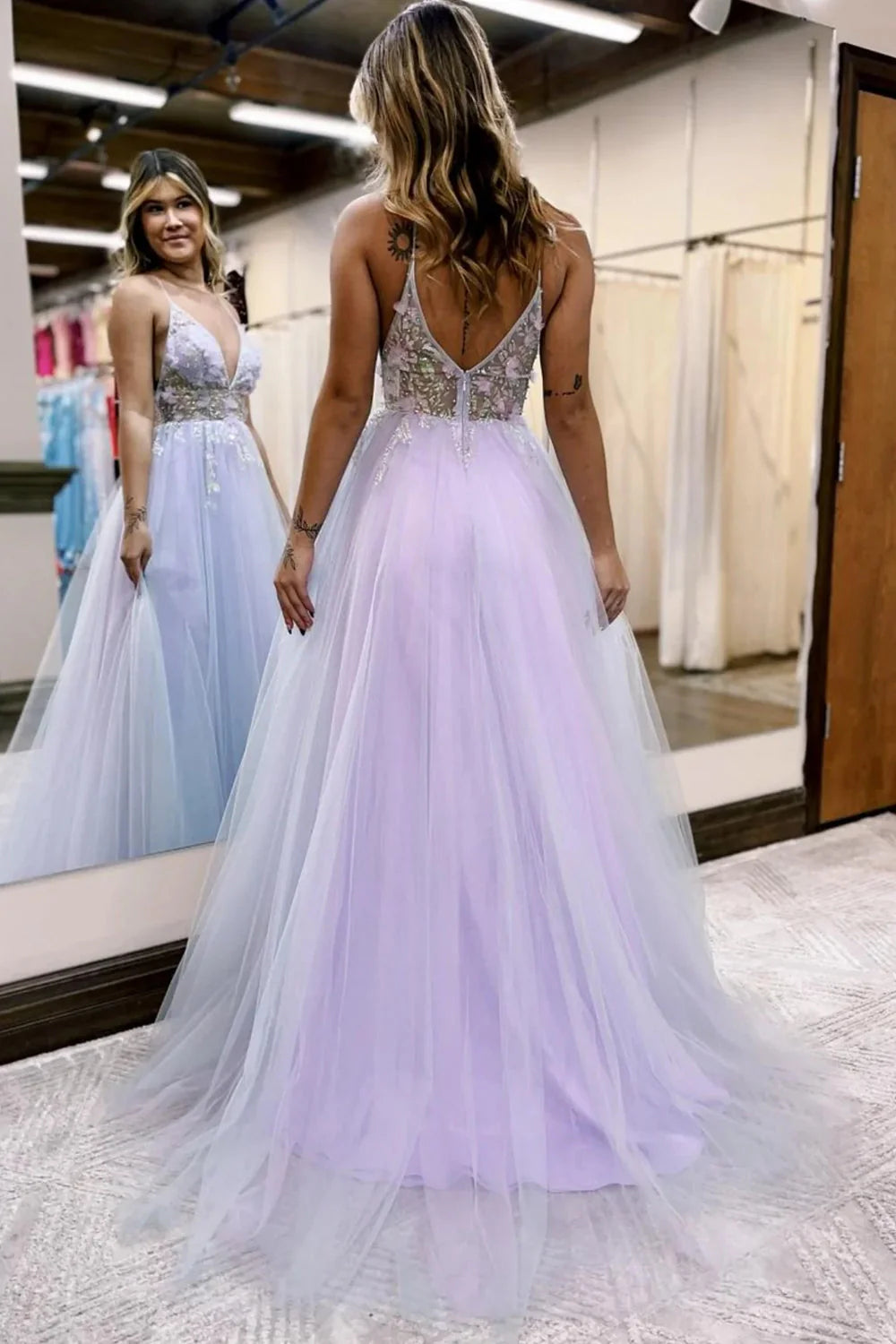Wholesa A-Line Beaded Tulle Prom Dress with Flowers