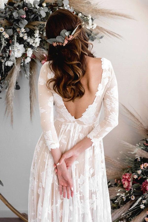 Wholesa A-line Scoop Neck Long Sleeves Lace Bridal Gown Weddding Dress