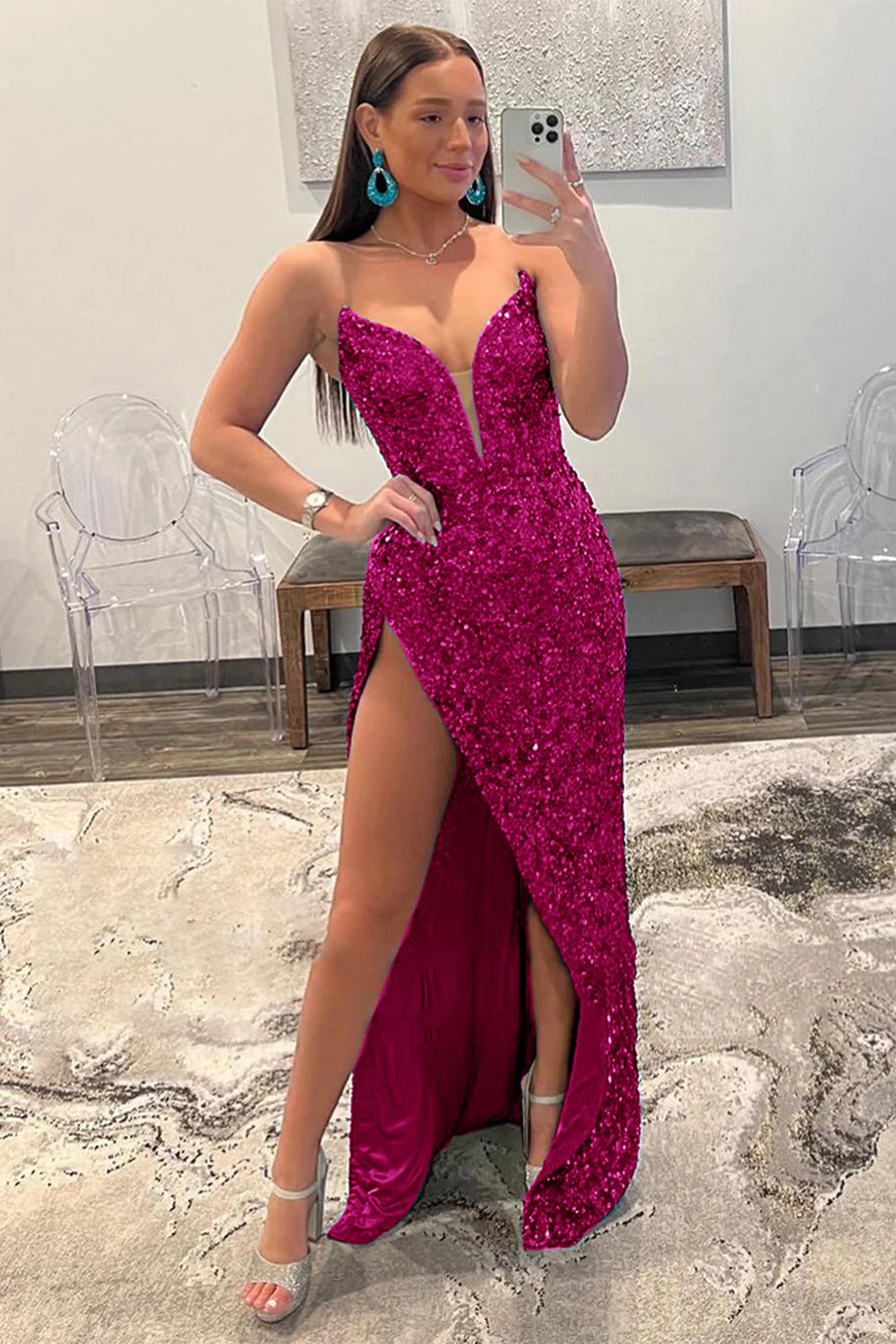 Wholesa Strapless Sequin Prom Dress with Slit