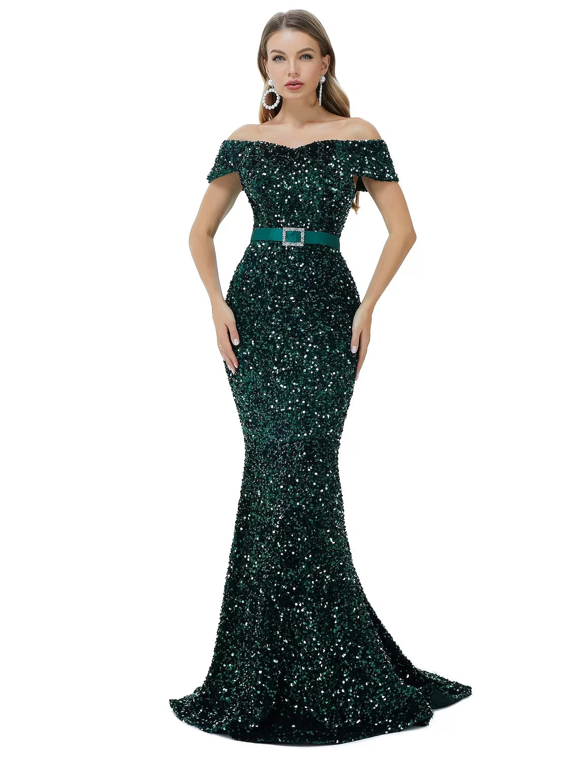 Wholesa Mermaid / Trumpet Sparkle bodycon Engagement Formal Evening Dress Off Shoulder Cowl Back Sleeveless Court Train Sequined with Sequin