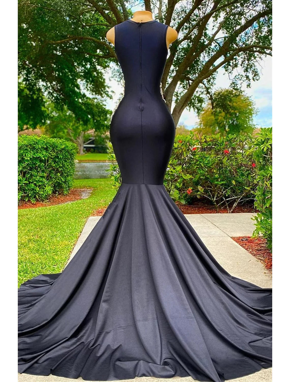 Wholesa Mermaid / Trumpet Evening Gown Floral Dress Formal Court Train Sleeveless Jewel Neck African American Satin with Rhinestone