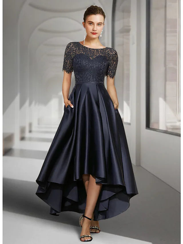 Wholesa A-Line Mother of the Bride Dress Elegant Jewel Neck Asymmetrical Lace Satin Short Sleeve with Pleats