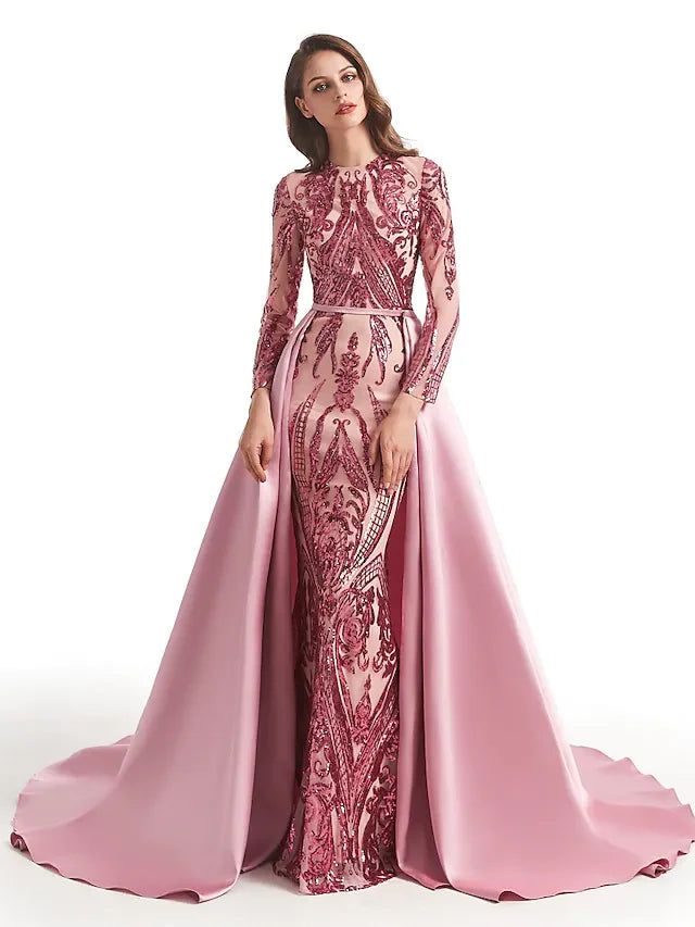 Wholesa Ball Gown Luxurious Sparkle Prom Formal Evening Dress Jewel Neck Long Sleeve Detachable Sequined with Overskirt Pattern Print Appliques