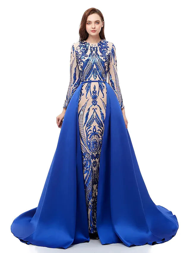 Wholesa Ball Gown Luxurious Sparkle Prom Formal Evening Dress Jewel Neck Long Sleeve Detachable Sequined with Overskirt Pattern Print Appliques