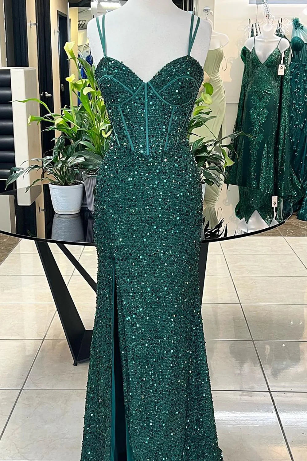 Wholesa Mermaid Sparkly Corset Long Prom Dress with Slit