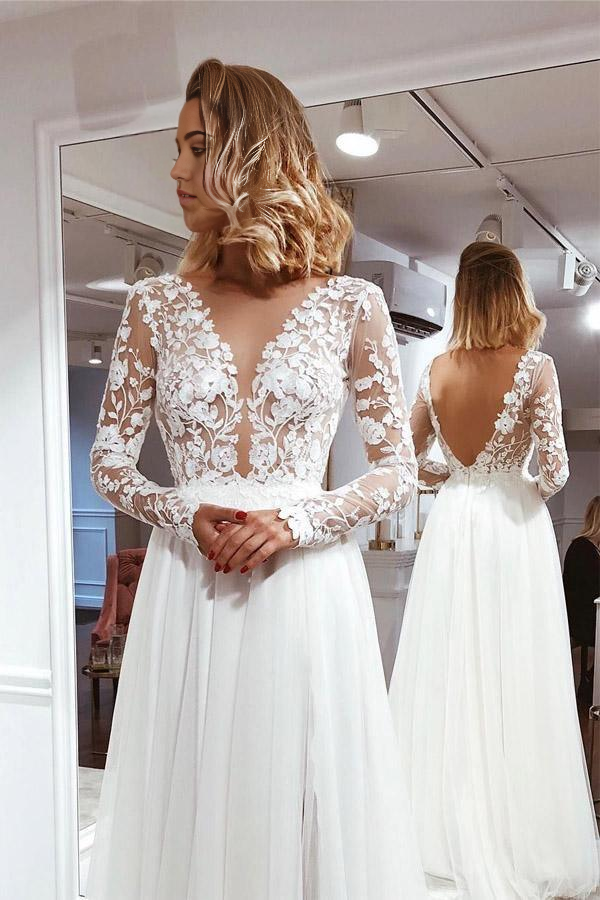 Wholesa A Line Simple V Neck Lace Long Sleeves Split Ivory Wedding Dresses