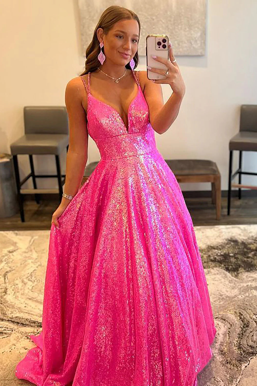 Wholesa Glitter V-Neck Sequins Long Prom Dress