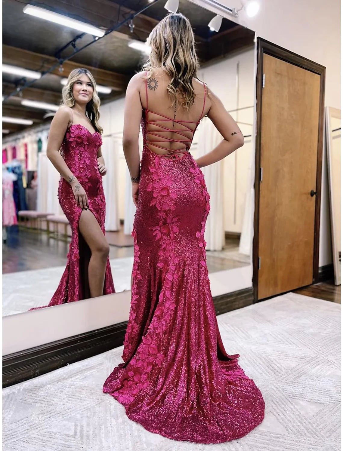 Wholesa Mermaid / Trumpet Evening Gown Sexy Dress Formal Sweep / Brush Train Sleeveless Spaghetti Strap Sequined Backless with Sequin Appliques