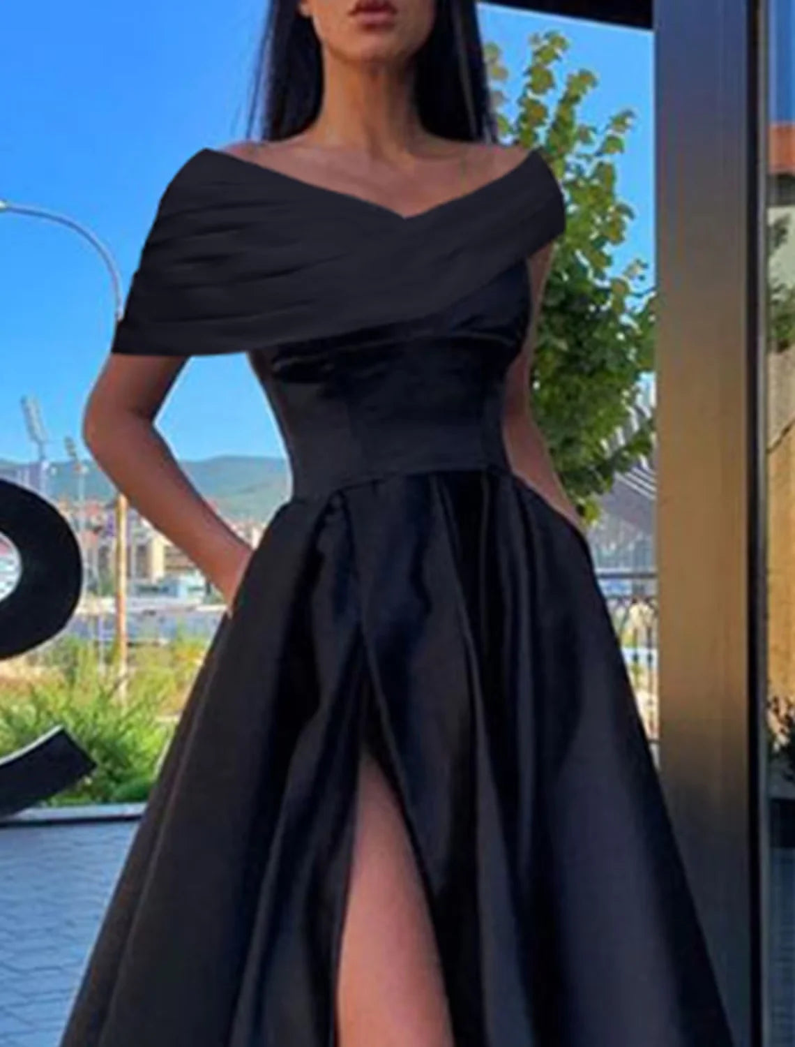 Wholesa A-Line Prom Dresses Little Black Dress Dress Formal Floor Length Short Sleeve Off Shoulder Satin with Ruched Slit