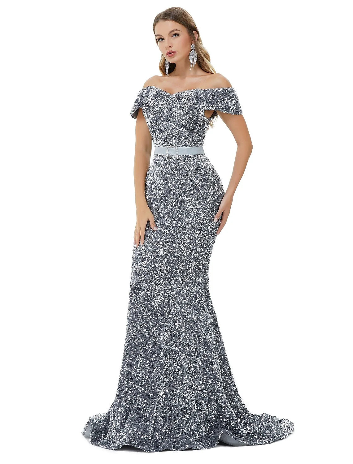 Wholesa Mermaid / Trumpet Sparkle bodycon Engagement Formal Evening Dress Off Shoulder Cowl Back Sleeveless Court Train Sequined with Sequin