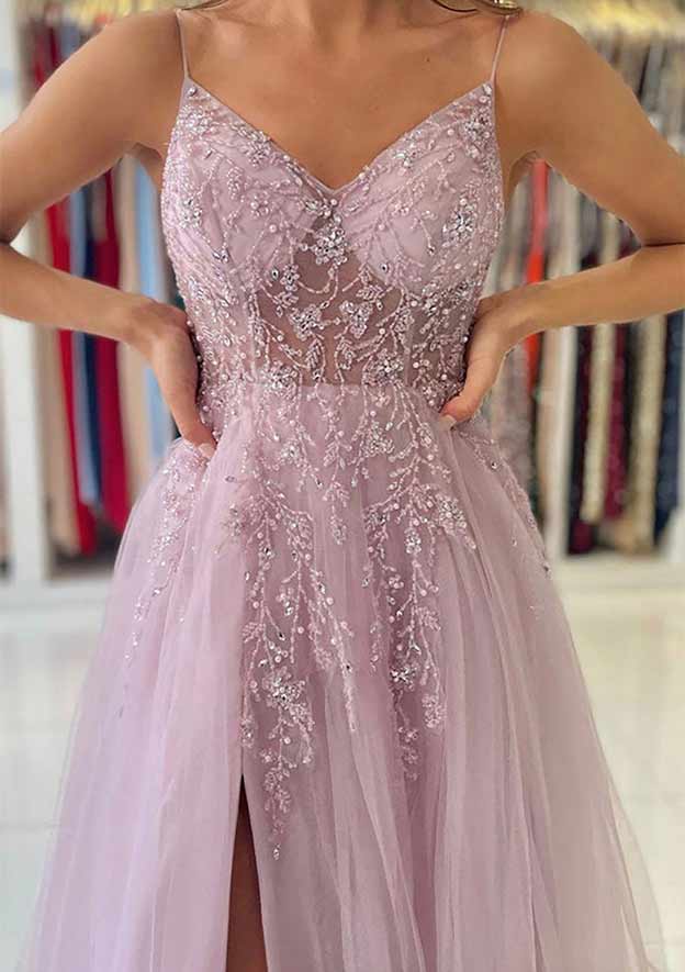 Wholesa A-Line V-Neck Spaghetti Straps Long Prom Dresses