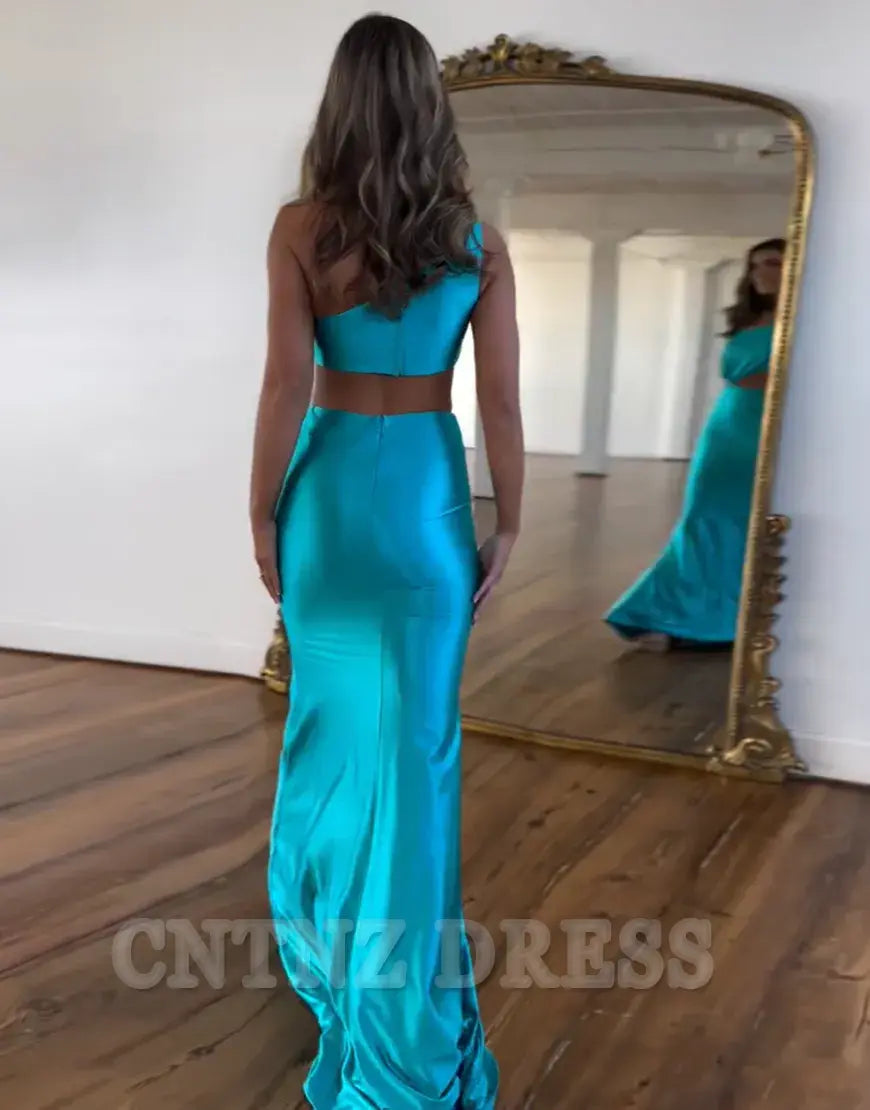 Wholesa Mermaid One Shoulder Cutout Waist Long Satin formal dresses evening gown Prom Dress With Beading