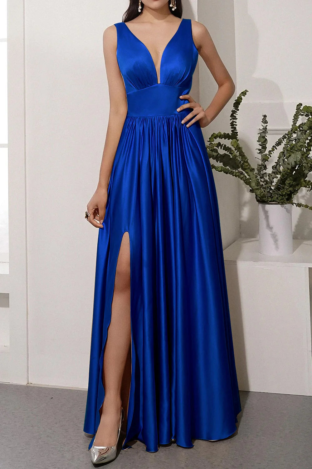 Wholesa A-line Satin Long Prom Party Dress With Slit