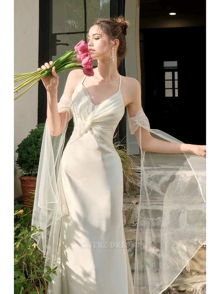 Wholesa Mermaid Spaghetti Straps White Long formal dresses Bridesmaid Dresses evening gown Prom Dress