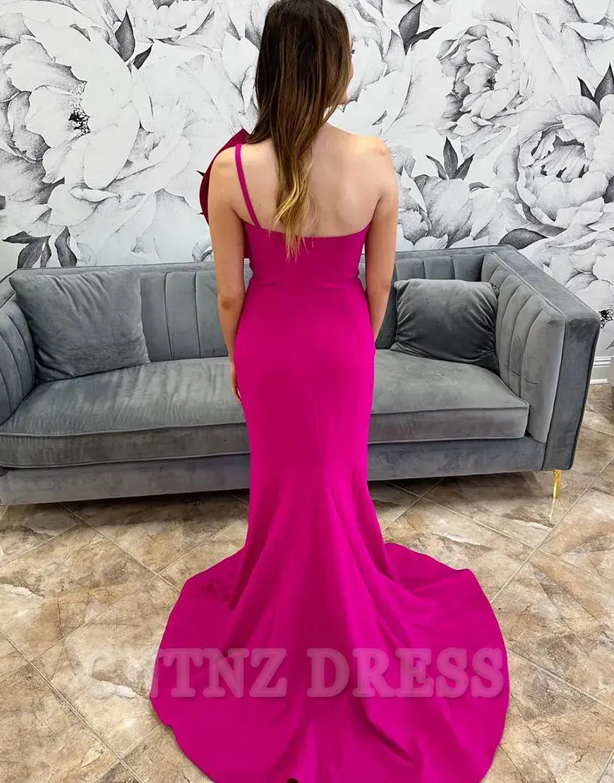 Wholesa Mermaid Asymmetrical Satin Fuchsia Long formal dresses Bridesmaid Dresses evening gown Prom Dress with Bow