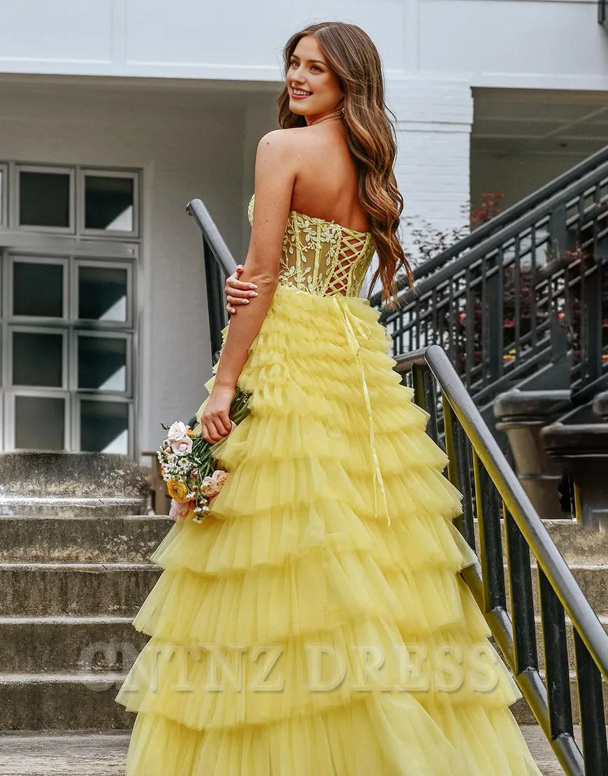 Wholesa A-Line Strapless Corset Tiered Long Yellow formal dresses evening gown Prom Dress with Appliques