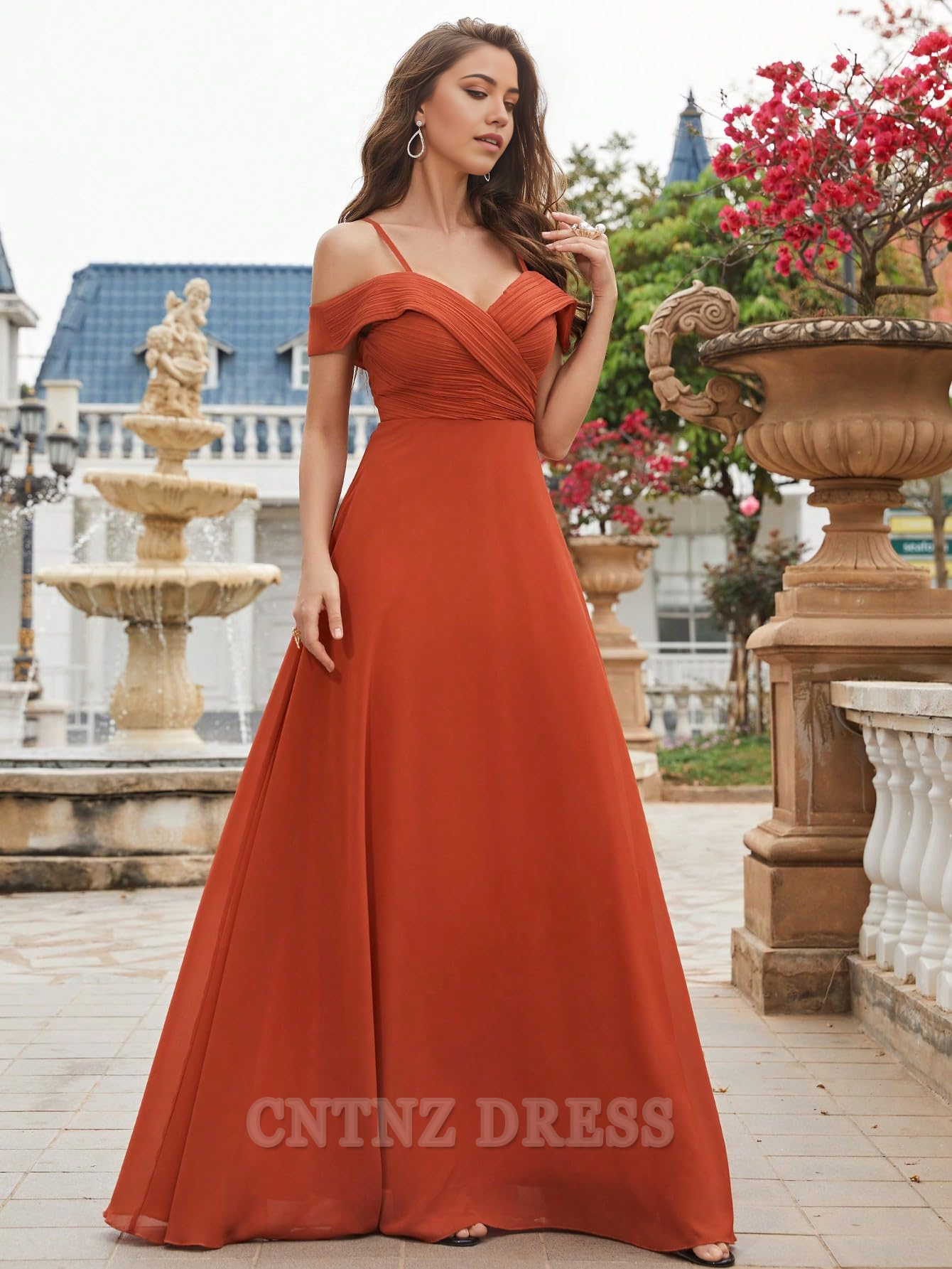 Wholesa Elegant Cold Shoulder Ruched Floor Length Chiffon formal dresses Bridesmaid Dresses evening gown Prom Dress