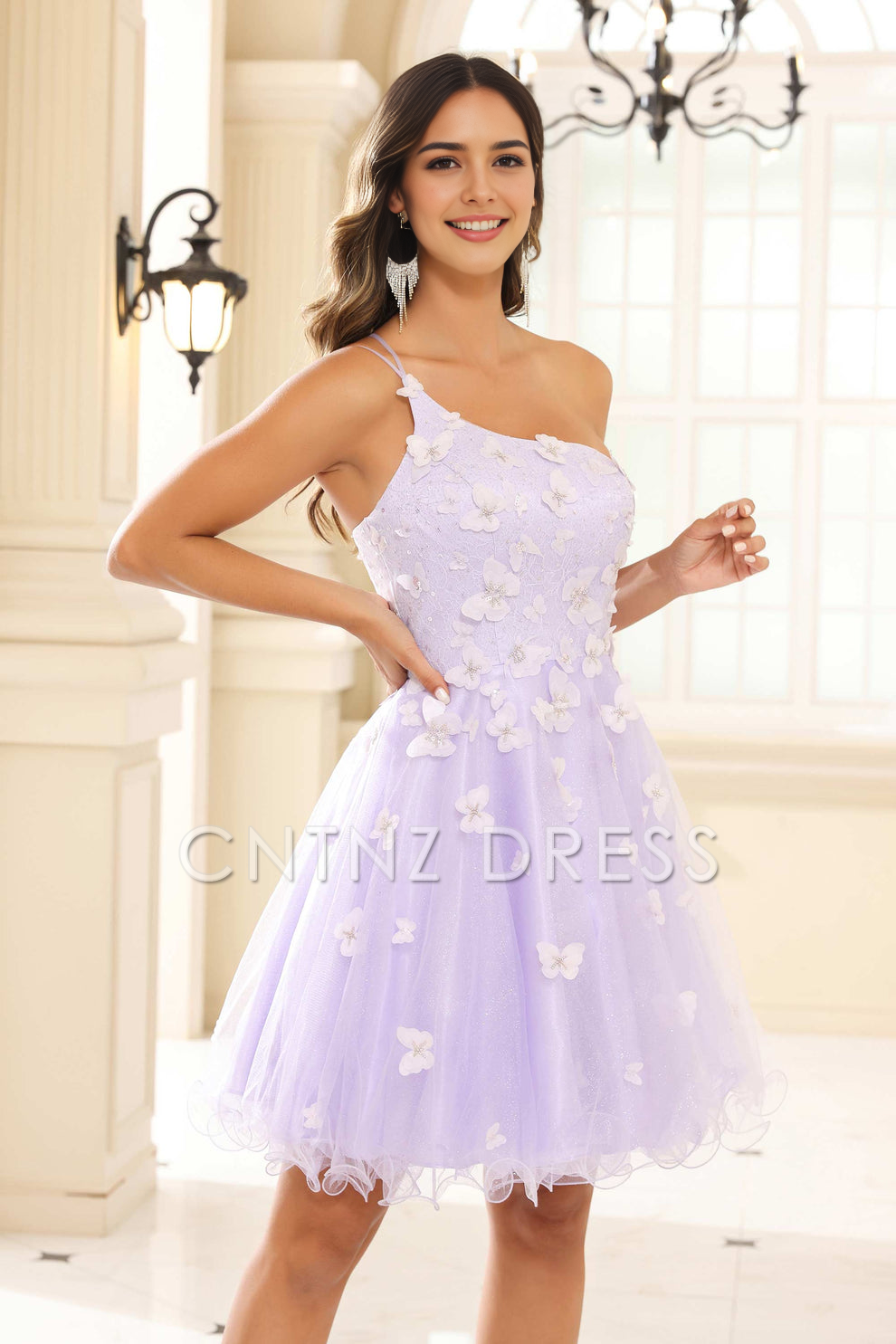 CNTNZ DRESS Unique A-Line One-Shoulder Spaghetti Straps 3D Butterfly decal Ruffles Fashion Mini Dress Hot Sale Homecoming Dress