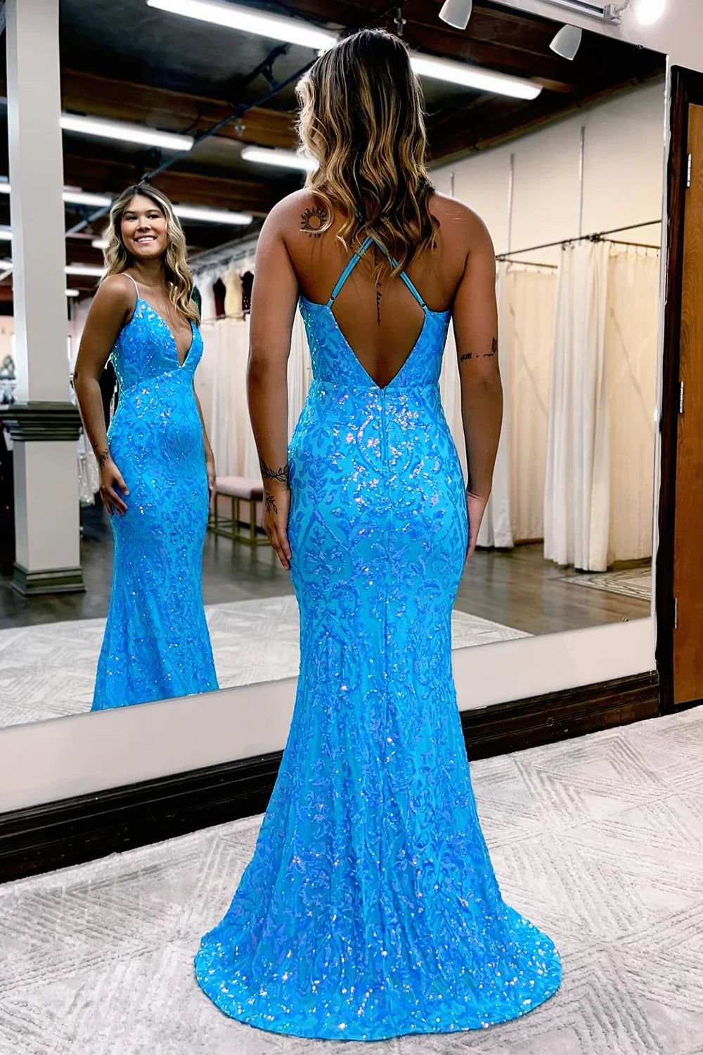 Wholesa Sparkly Spaghetti Straps Long Prom Dress