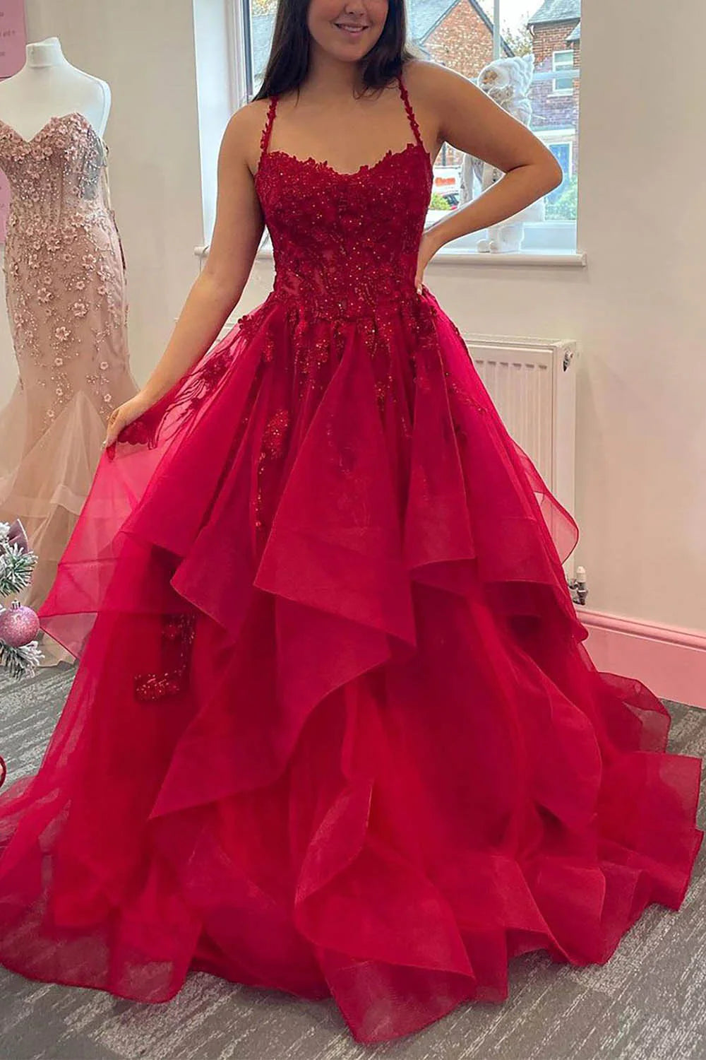 Wholesa A-Line Spaghetti Appliques Straps Tulle Long Prom Dress