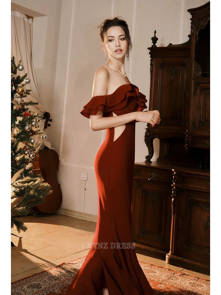 Wholesa Mermaid Off The Shoulder Burgundy Satin Long formal dresses Bridesmaid Dresses evening gown Prom Dress