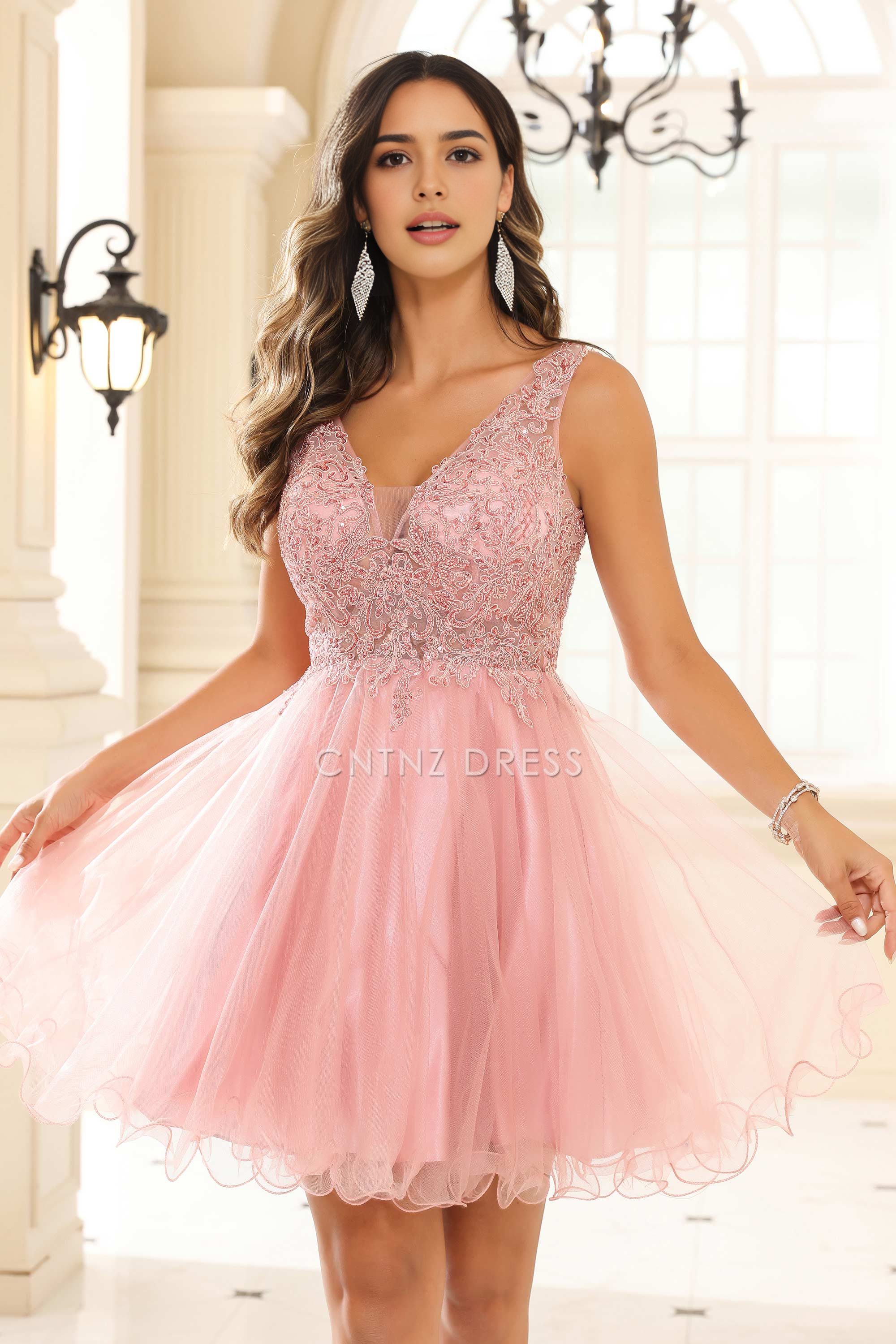CNTNZ DRESS Exquisite A-line V-neck Sleeveless Ruched Tulle Sexy Mini Dress Hot Sale Homecoming Dress
