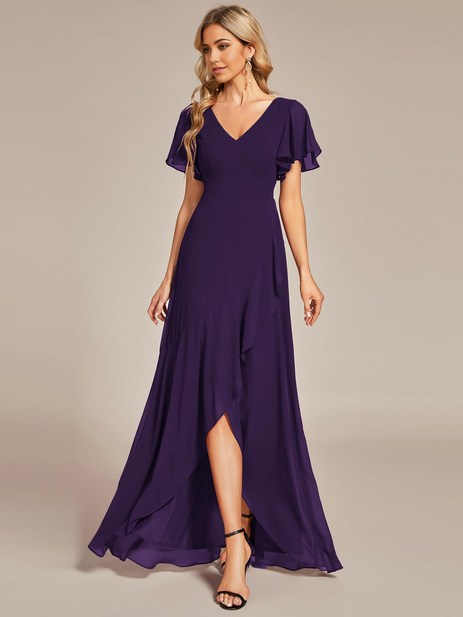 Wholesa A Line Double V Neck Ruffle Backless High Low Chiffon formal dresses Bridesmaid Dresses evening gown Prom Dress