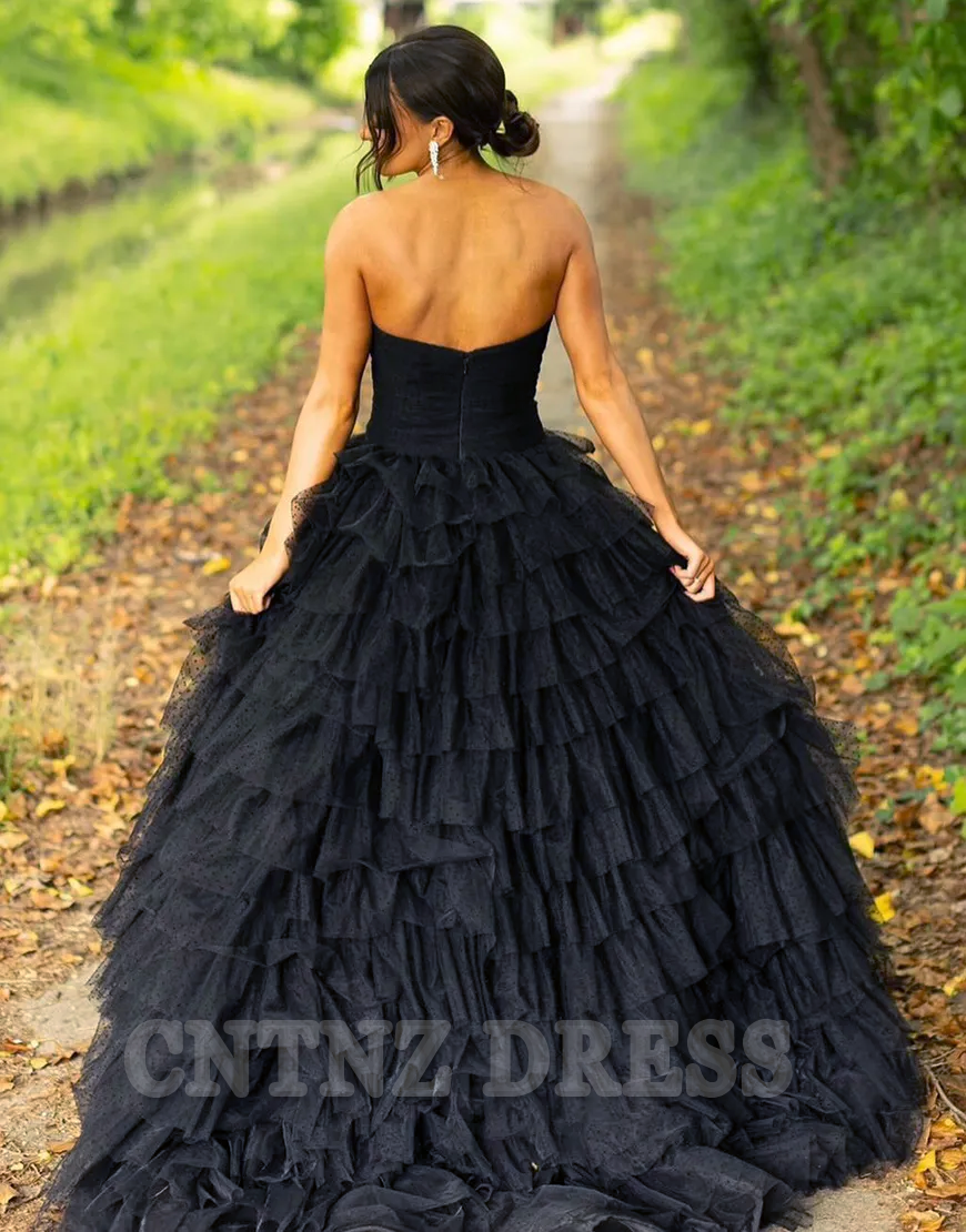 Wholesa A-Line Strapless Tiered Tulle Black Long formal dresses evening gown Prom Dress with Slit