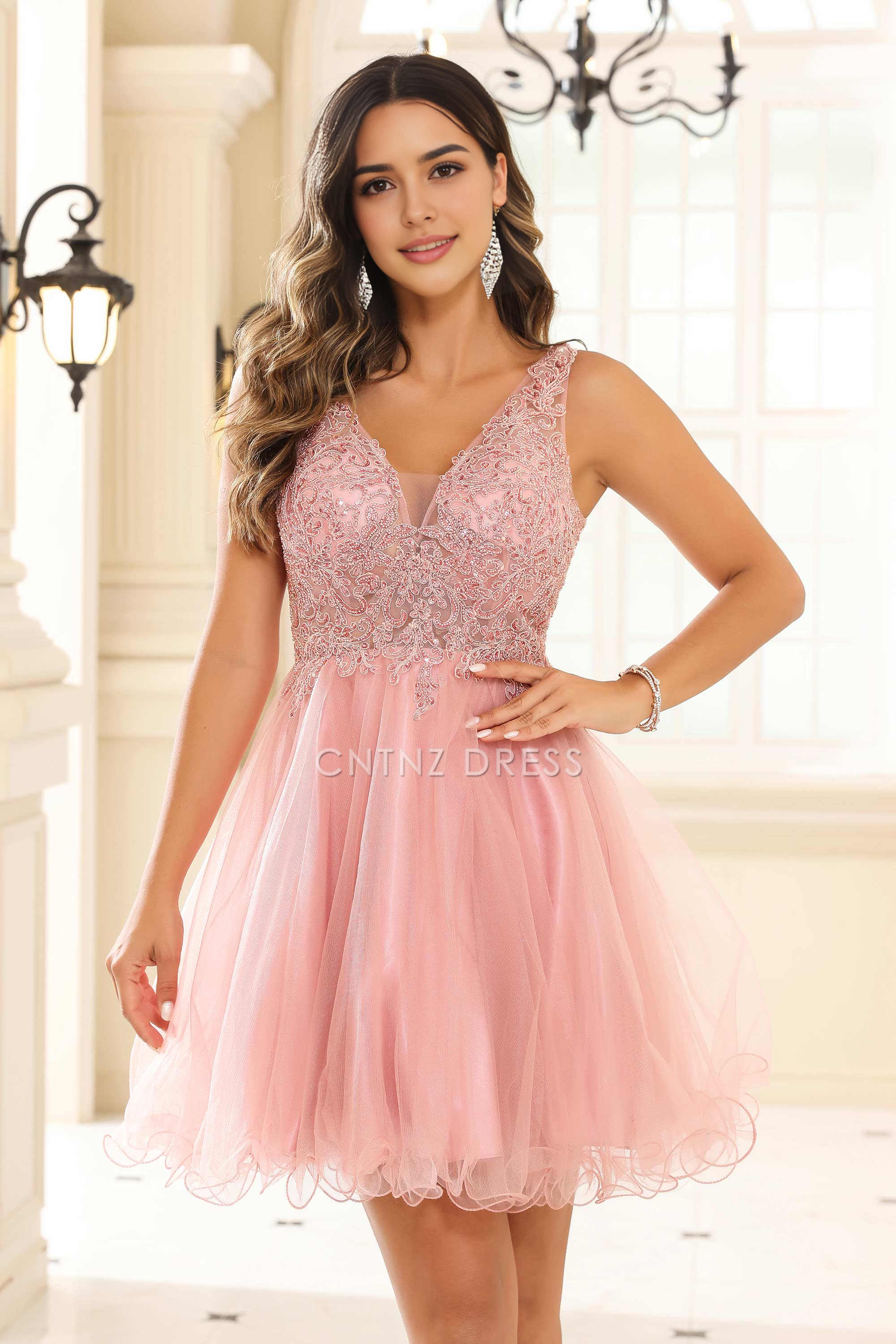 CNTNZ DRESS Exquisite A-line V-neck Sleeveless Ruched Tulle Sexy Mini Dress Hot Sale Homecoming Dress