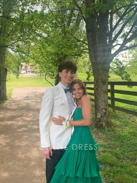 Wholesa A-line Strapless Ruffle Multi-Layer Green Long formal dresses Bridesmaid Dresses evening gown Prom Dress