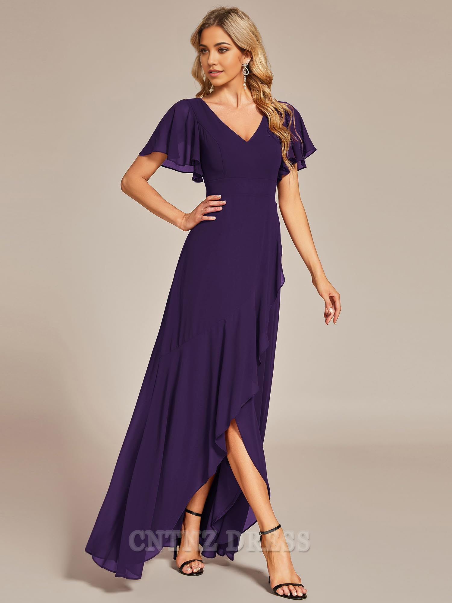 Wholesa A Line Double V Neck Ruffle Backless High Low Chiffon formal dresses Bridesmaid Dresses evening gown Prom Dress
