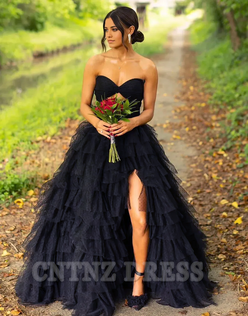 Wholesa A-Line Strapless Tiered Tulle Black Long formal dresses evening gown Prom Dress with Slit