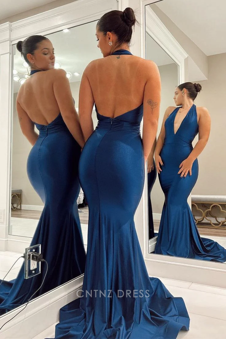 Wholesa Mermaid Halter Backless Navy Blue Long formal dresses Bridesmaid Dresses evening gown Prom Dress