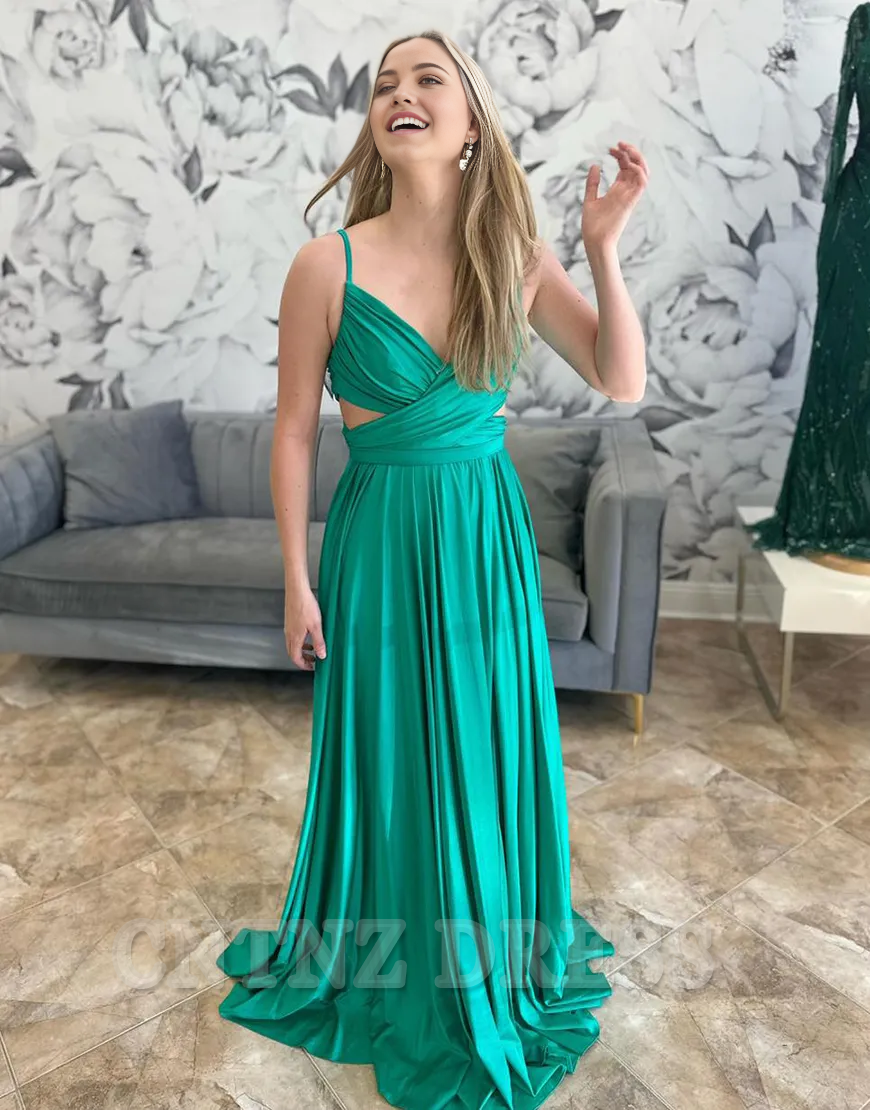Wholesa A-Line Spaghetti Straps Ruched Green Long formal dresses Bridesmaid Dresses evening gown Prom Dress