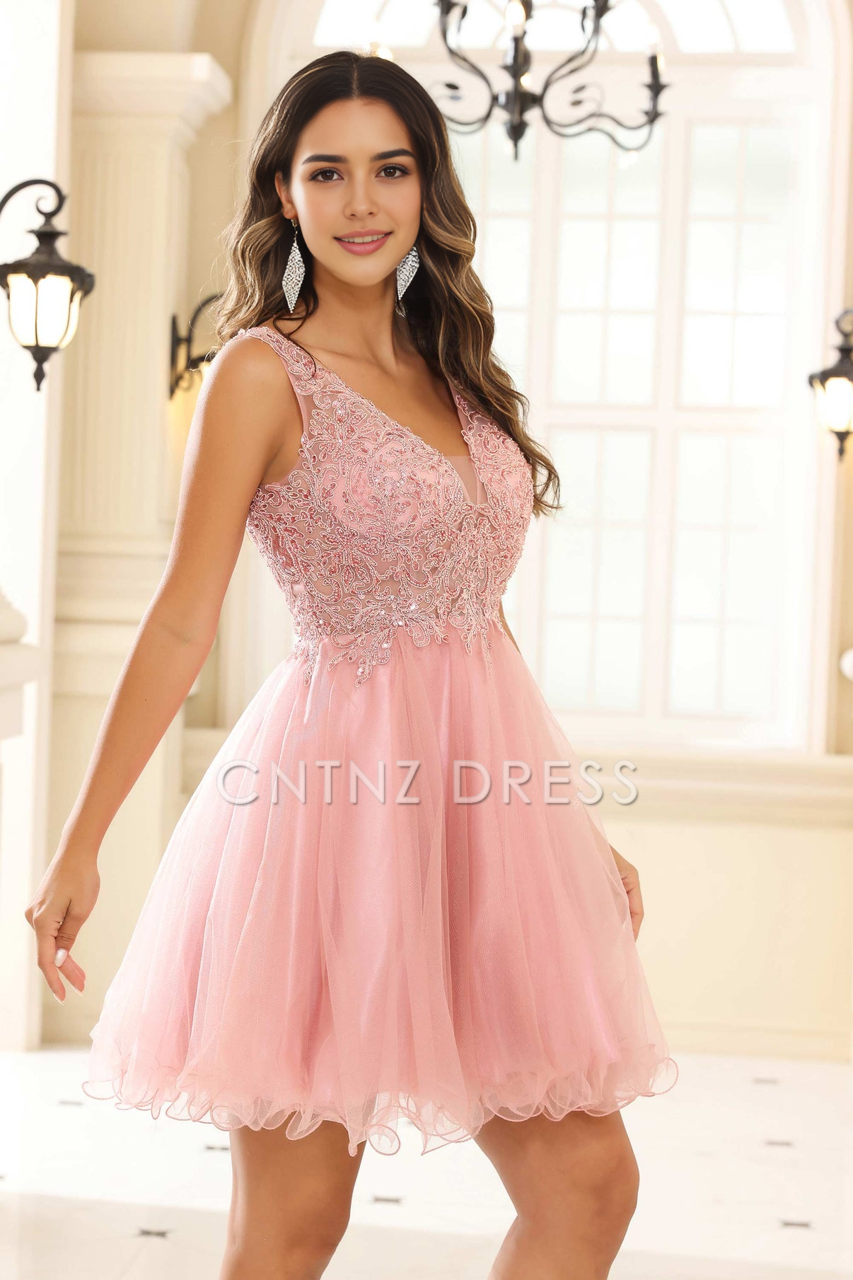 CNTNZ DRESS Exquisite A-line V-neck Sleeveless Ruched Tulle Sexy Mini Dress Hot Sale Homecoming Dress