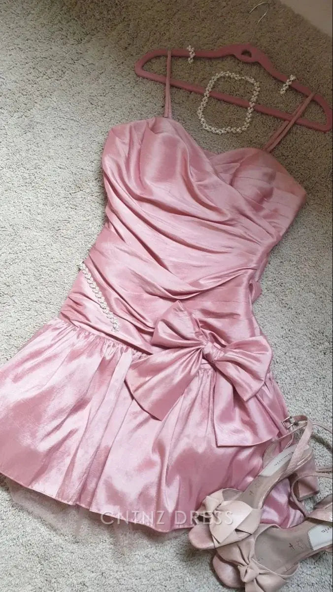Wholesa A-line Spaghetti Straps Lovely Pink Homecoming Dress formal dresses Bridesmaid Dresses evening gown Prom Dress